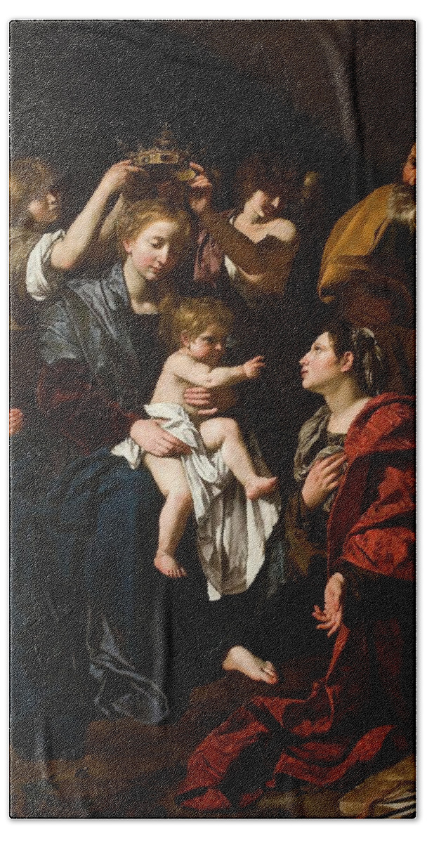 Bartolomeo Cavarozzi Bath Towel featuring the painting Bartolomeo Cavarozzi / 'The Holy Family with Santa Catalina', 1617-1619, Italian School. JESUS. by Bartolomeo Cavarozzi -c 1590-1625-