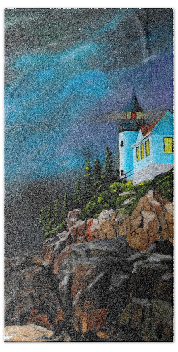 Light House Hand Towel featuring the painting Bass Harbour by David Bigelow