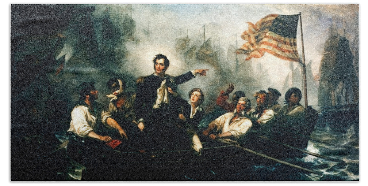 Oliver Hazard Perry Bath Towel featuring the painting Battle of Lake Erie - Oliver Hazard Perry - War of 1812 by War Is Hell Store