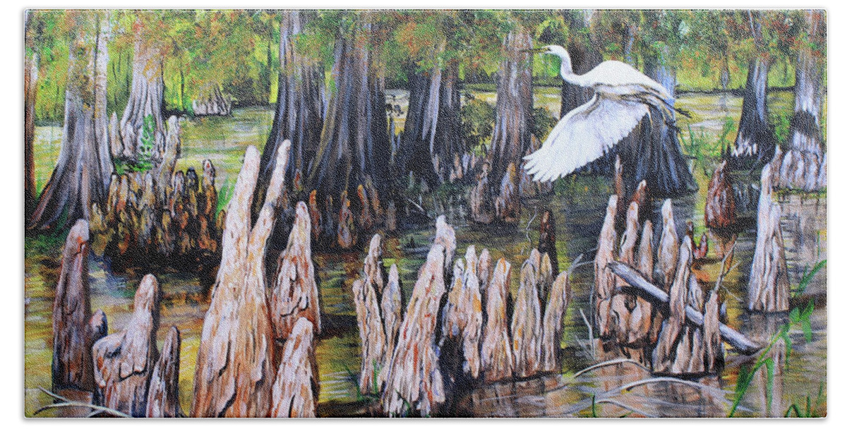 Bayou Bath Towel featuring the painting Bayou With Great White Egret by Karl Wagner