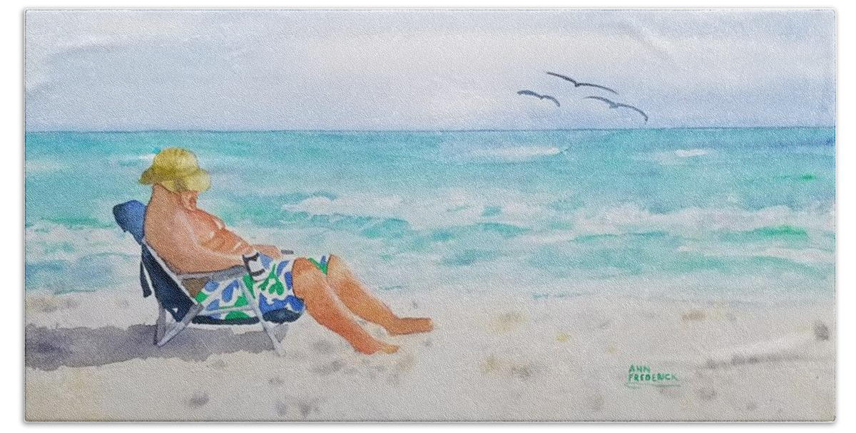 Beach Hand Towel featuring the painting Beach time by Ann Frederick
