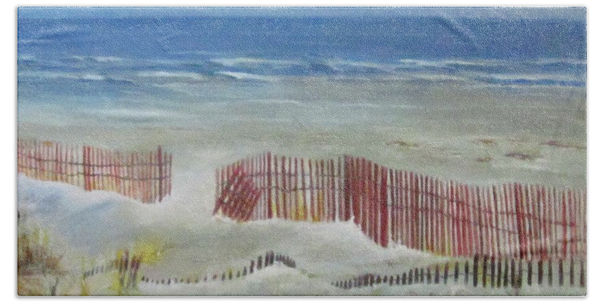 Painting Bath Towel featuring the painting Beach With Red Fence by Paula Pagliughi
