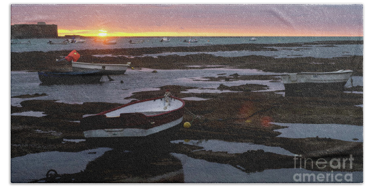 Relax Bath Towel featuring the photograph Beached Boats at Sunset Cadiz Spain by Pablo Avanzini