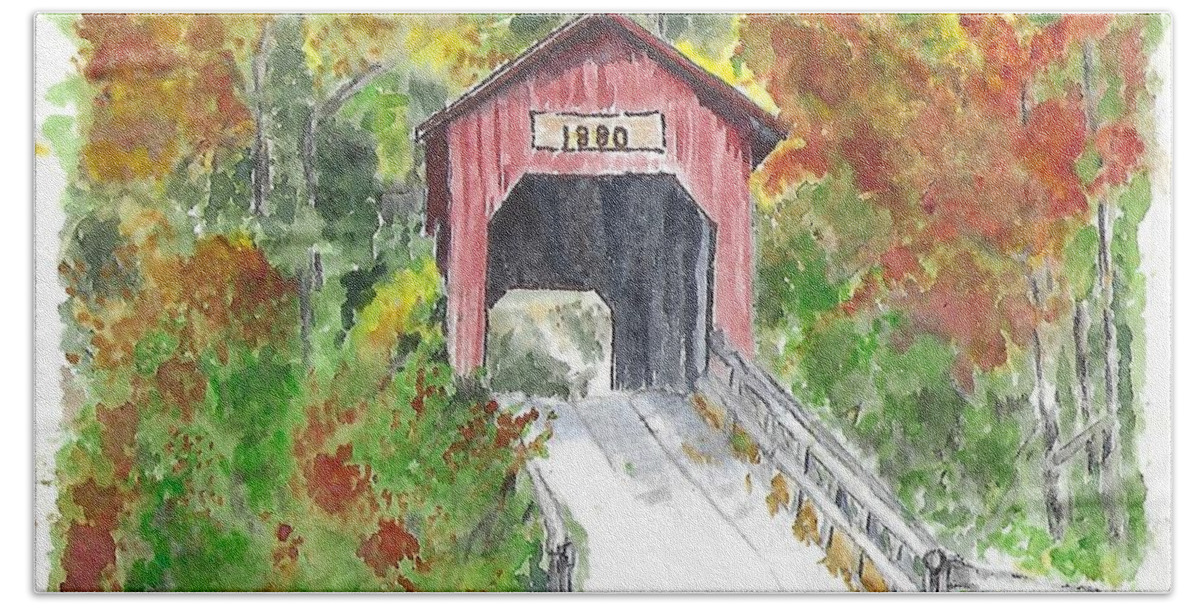 Covered Bridge Hand Towel featuring the painting Bean Blossom Bridge, Nashville, Indiana by Claudette Carlton