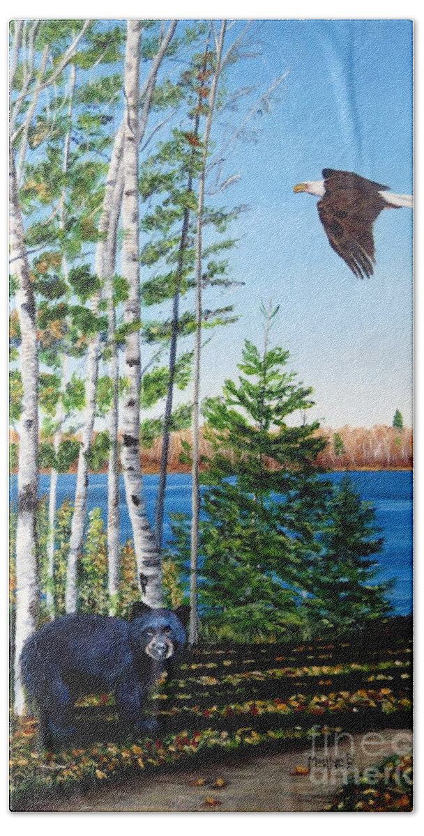 Bald Hand Towel featuring the painting Little Bear and Eagle Wing by Marilyn McNish