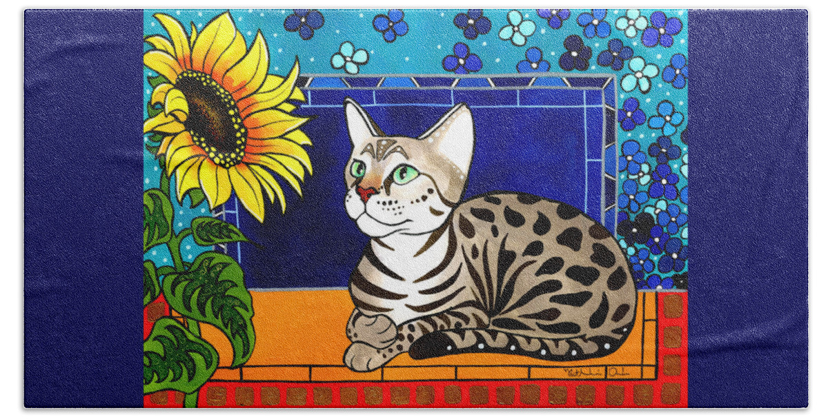 Beauty In Bloom Hand Towel featuring the painting Beauty in Bloom - Savannah Cat Painting by Dora Hathazi Mendes