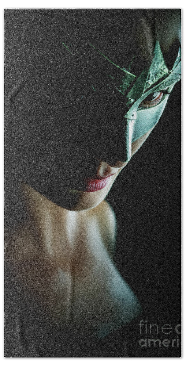 Art Bath Towel featuring the photograph Beauty model woman wearing venetian masquerade carnival mask by Dimitar Hristov