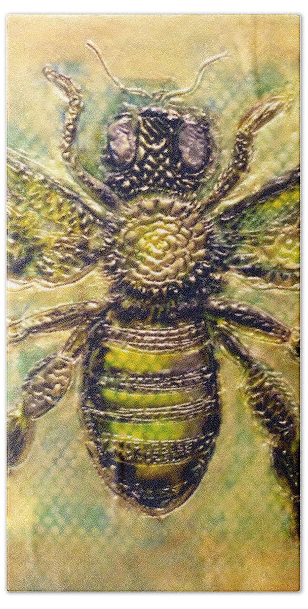Vibrant Colors Bee Encaustic Bumble Bee Golden Gold Yellow Colorful Layers Painting Carving Art Bee Hive Wax Pigments Resin Layers Green Blue Black Honey Buzz Glowing Bumble Bee Pattern Hand Towel featuring the painting Honey Bee by Amy Stielstra