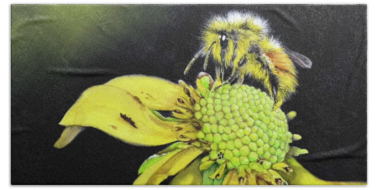 Bee Bath Towel featuring the painting Bee yellow by Jeanette Ferguson