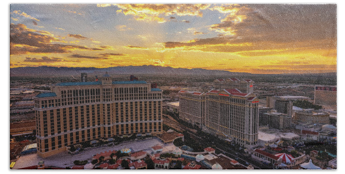 Vegas Hand Towel featuring the photograph Bellagio and Caesars Las Vegas Sunset by Mike Reid