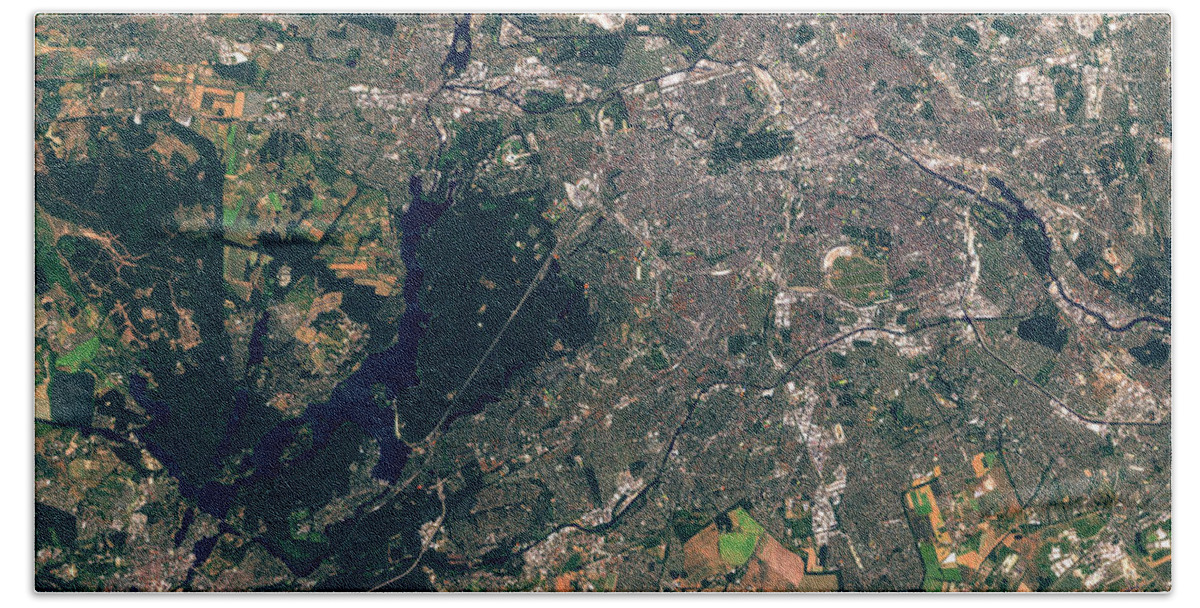 Satellite Image Hand Towel featuring the digital art Berlin and Potsdam from space by Christian Pauschert