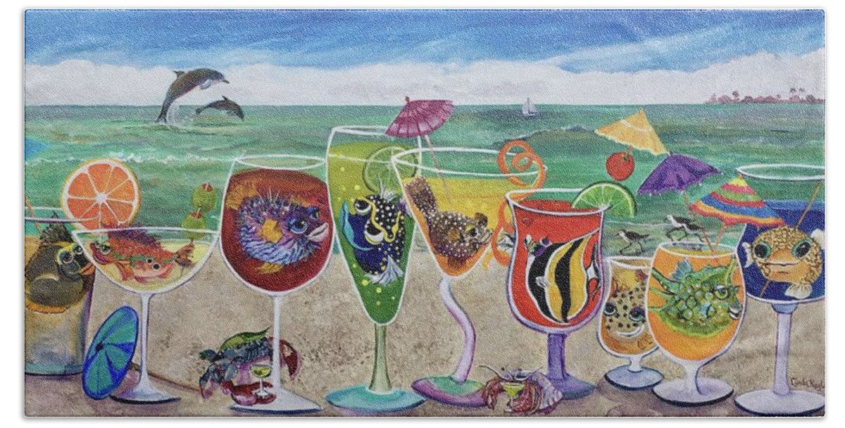 Beach Hand Towel featuring the painting BestFINS Beach Party II by Linda Kegley