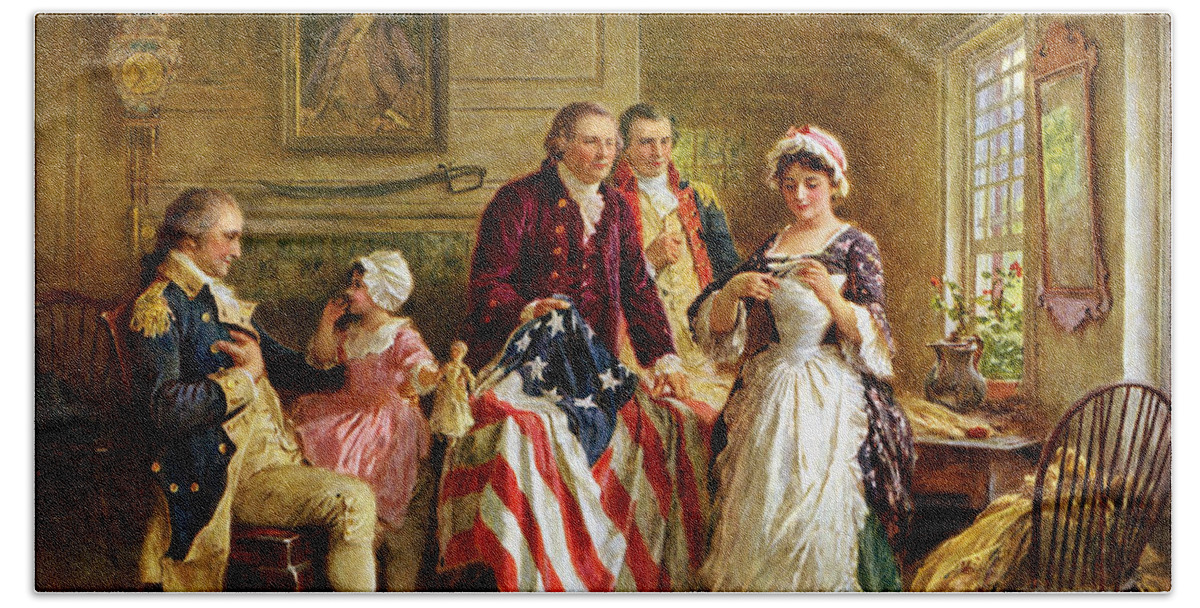 George Washington Hand Towel featuring the painting Betsy Ross and General George Washington by War Is Hell Store