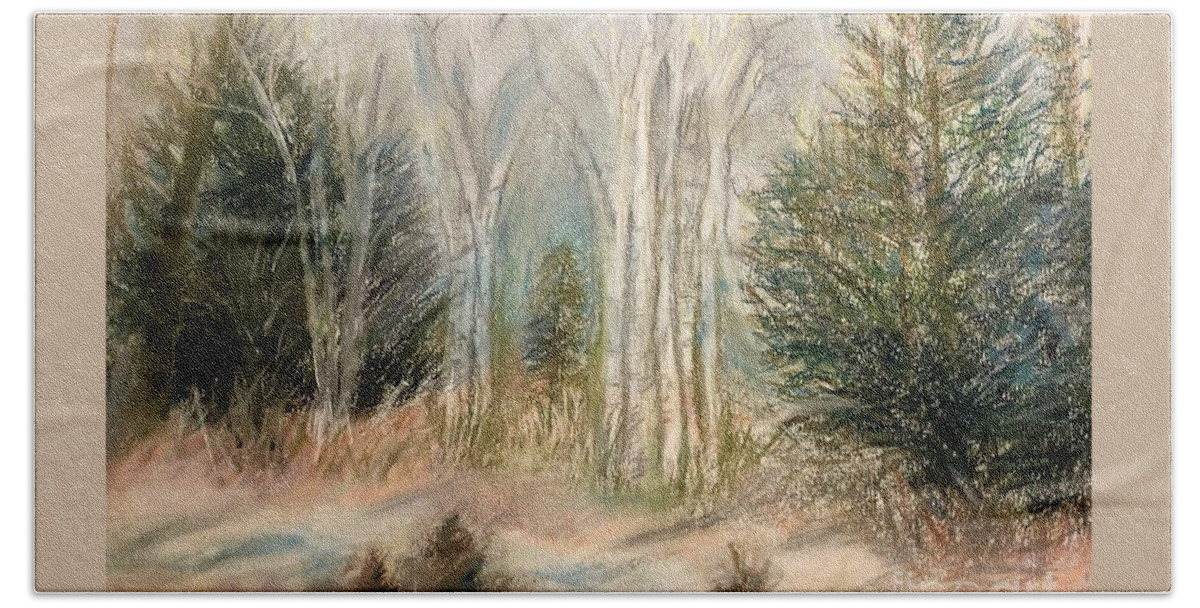 Birch Bath Towel featuring the painting Foggy Birch by Deb Stroh-Larson