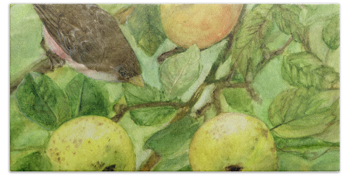 Bird Bath Towel featuring the painting Bird and Golden Apples by Laurie Rohner
