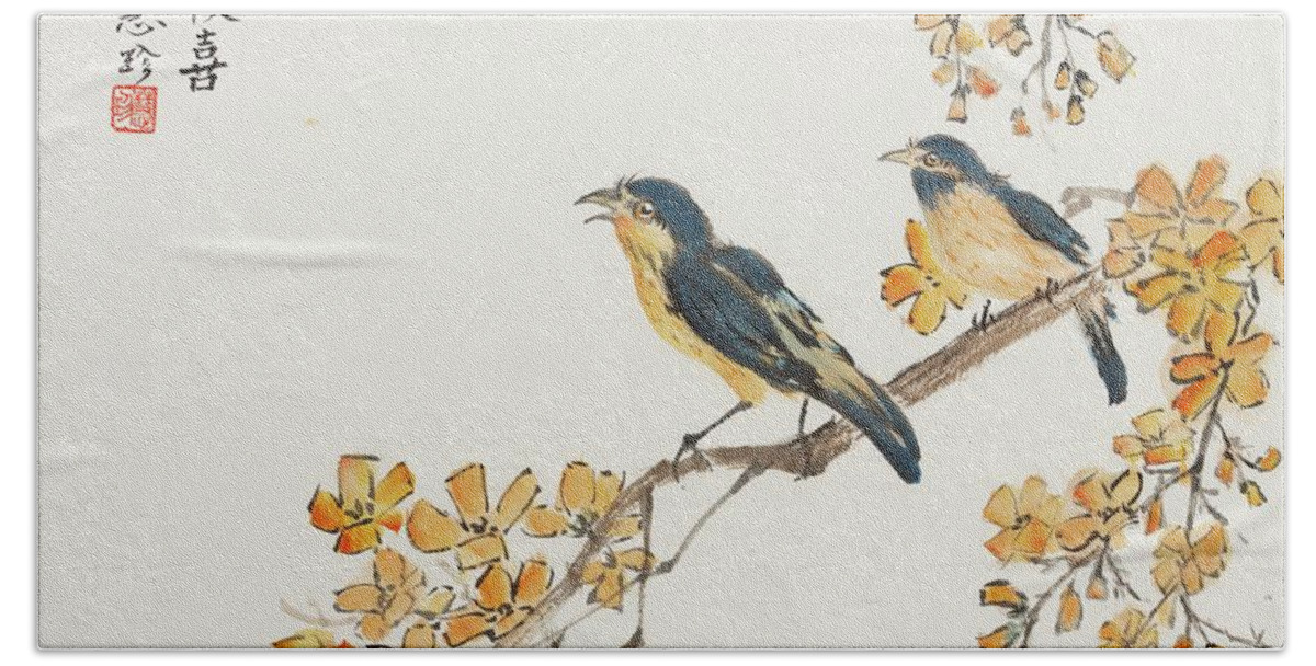 Chinese Watercolor Hand Towel featuring the painting Welcoming Spring by Jenny Sanders