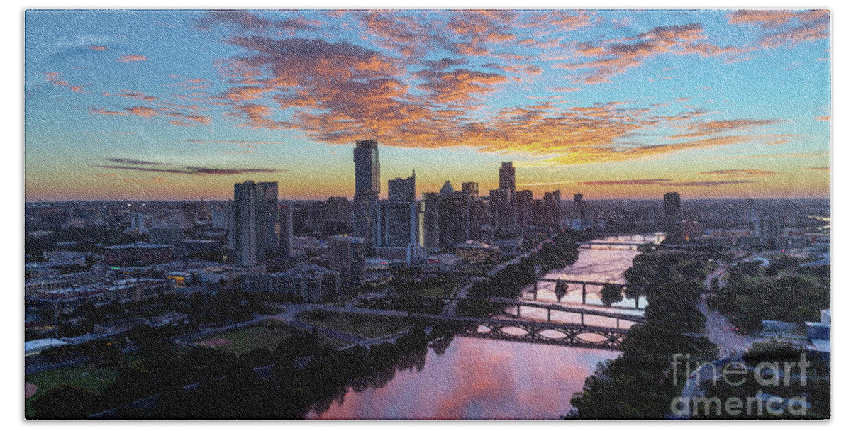 Austin Cityscape Hand Towel featuring the photograph Birds eye view of the Austin Skyline and bridges over Lady Bi by Dan Herron