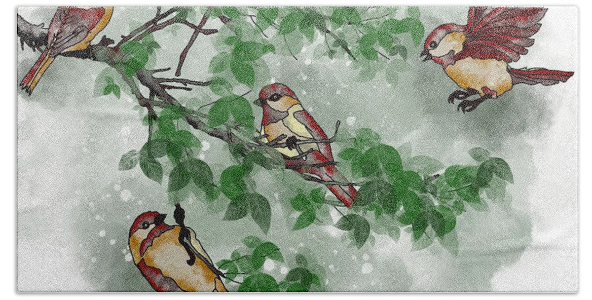 Birds Hand Towel featuring the painting Birds on the tree branch by Patricia Piotrak