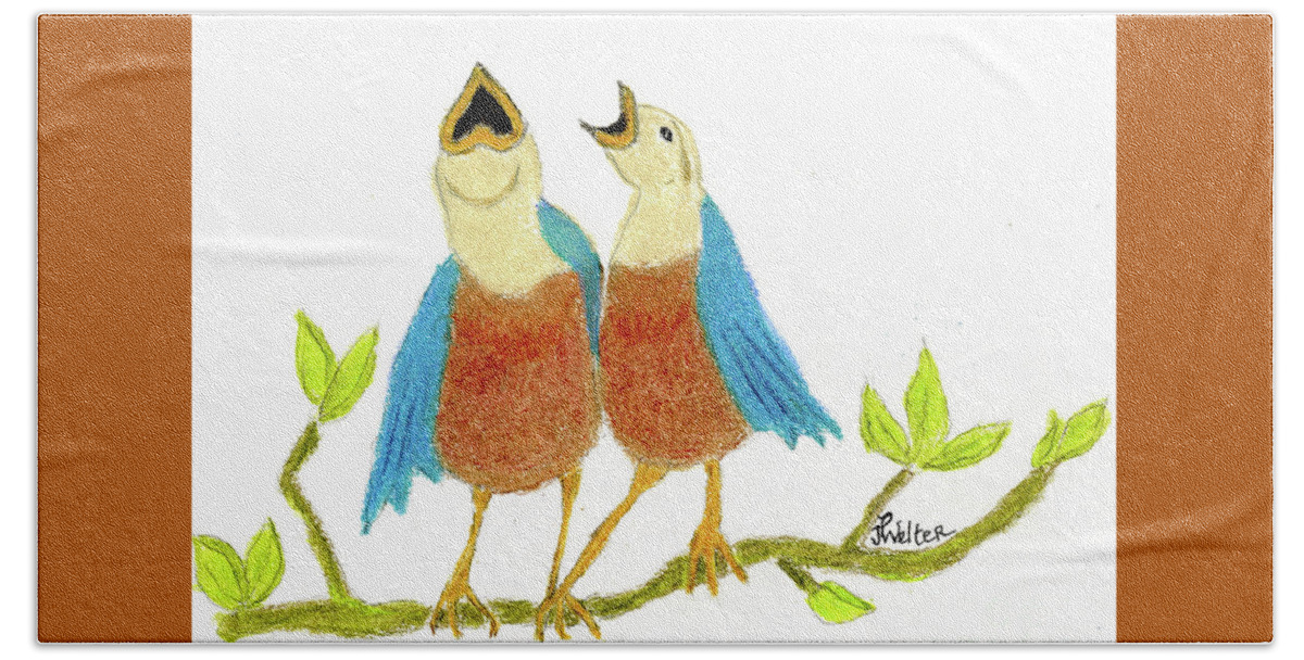 Birds Bath Towel featuring the drawing Birdy Duet by Paula Joy Welter