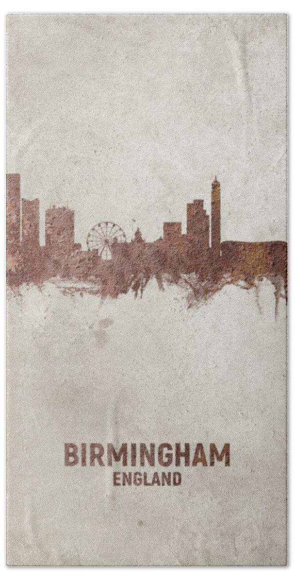 Birmingham Hand Towel featuring the digital art Birmingham England Rust Skyline by Michael Tompsett