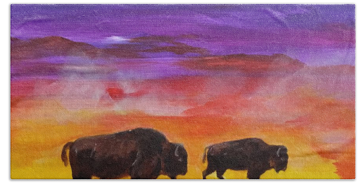 Bison Bath Sheet featuring the painting Bison of Yellowstone by Ellen Canfield
