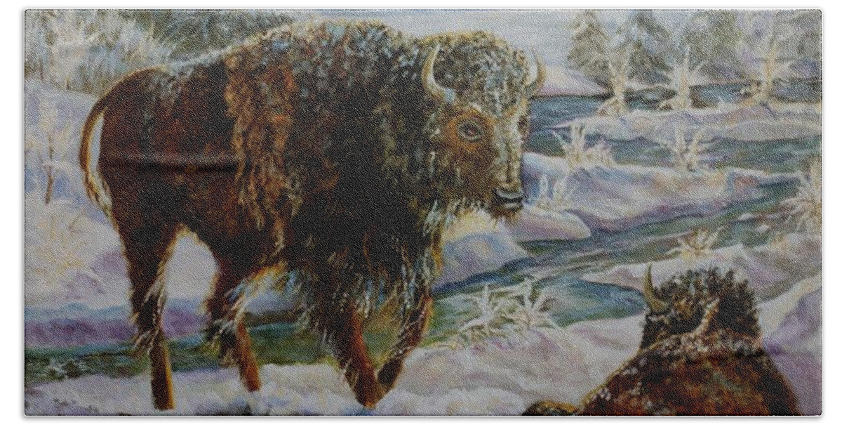 Yellowstone Bison In The Winter Bath Towel featuring the painting Bison In Yellowstone In The Winter by Philip And Robbie Bracco