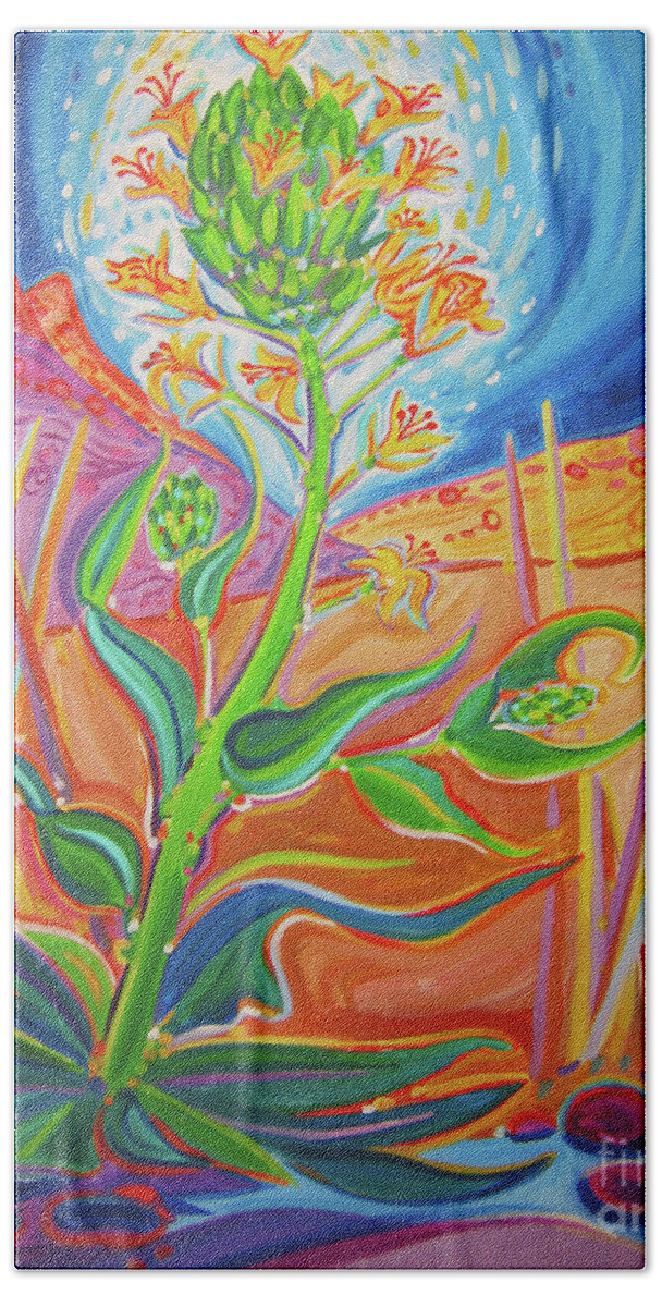 Rachel Houseman Bath Towel featuring the painting Bisti Wilderness Wildflower by Rachel Houseman