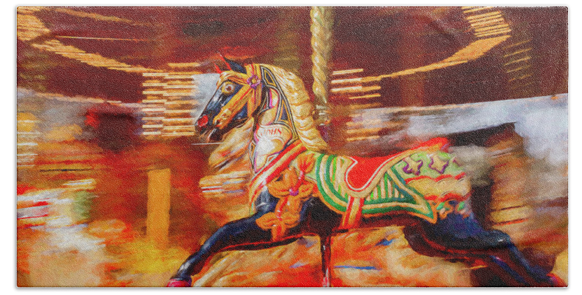 Amusement Hand Towel featuring the digital art Black Carousel Horse Painting by Rick Deacon
