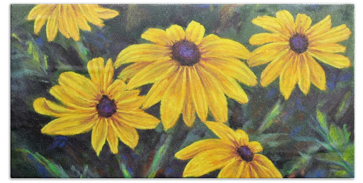 Flowers Bath Towel featuring the painting Black Eyed Susans by Lee Tisch Bialczak