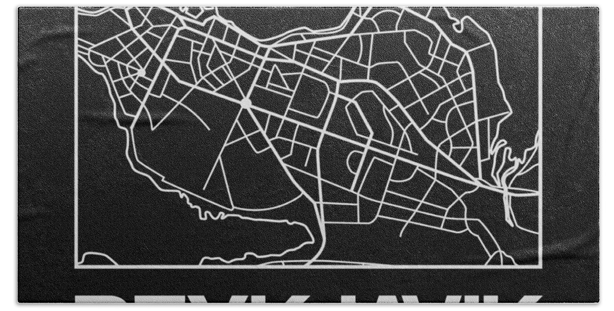 Unique Collection Of City Street Maps. American Cities Hand Towel featuring the digital art Black Map of Reykjavik by Naxart Studio