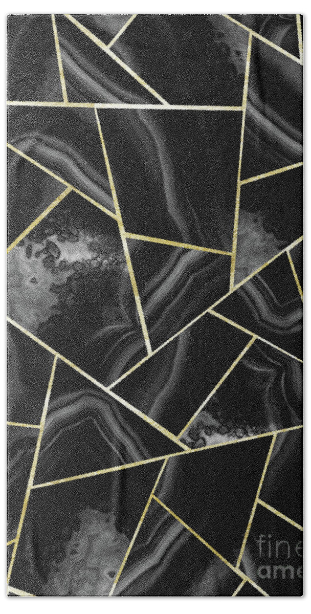 Graphic-design Hand Towel featuring the photograph Black Night Agate Gold Geometric Glam #4 #geo #decor #art by Anitas and Bellas Art