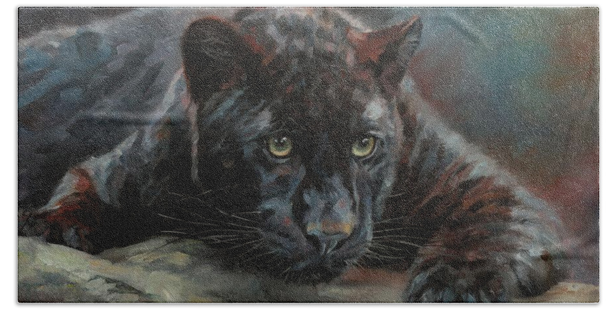 Black Panther Hand Towel featuring the painting Black Panther 4 by David Stribbling