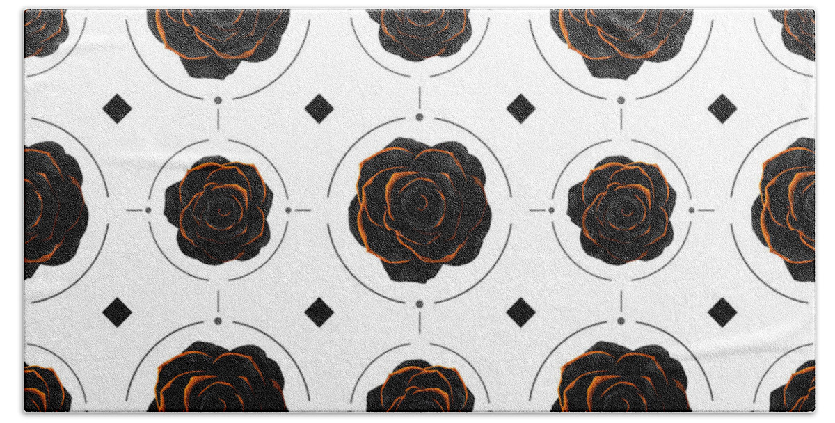 Black Rose Hand Towel featuring the mixed media Black Rose Pattern - Black and Gold Rose - Death - Minimal Black and Gold Decor - Dark 3 by Studio Grafiikka