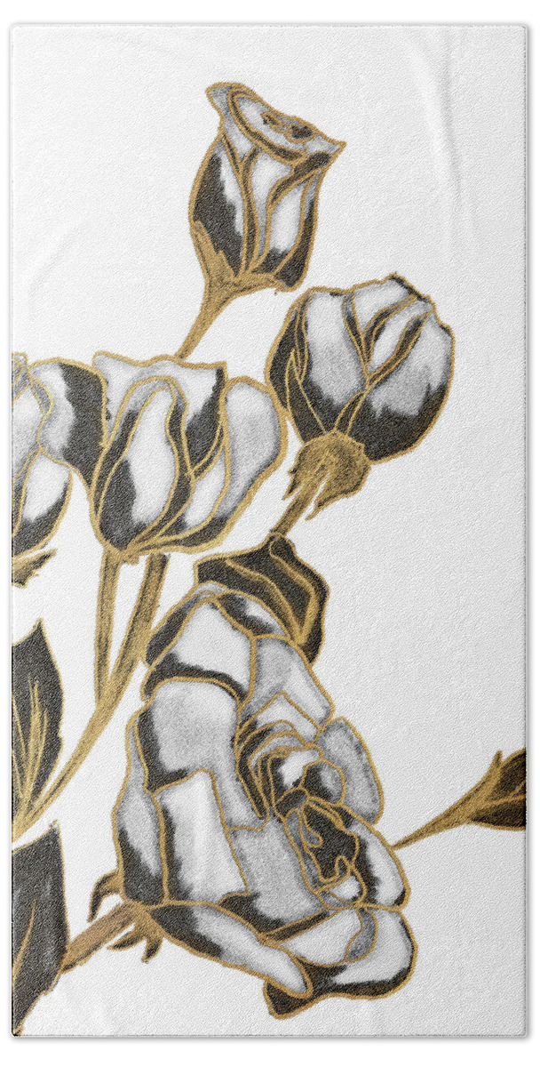 Gold Hand Towel featuring the mixed media Black, White And Gold Roses by Kali Wilson