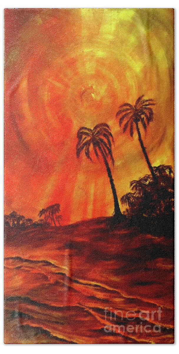 Sunset Beach Hand Towel featuring the painting Blazing Sun by Michael Silbaugh