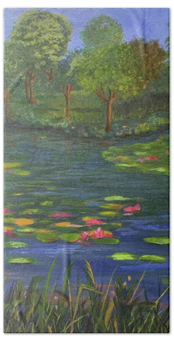 Pond. Waterlilies Bath Towel featuring the painting Blooming Pond by Jane Ricker