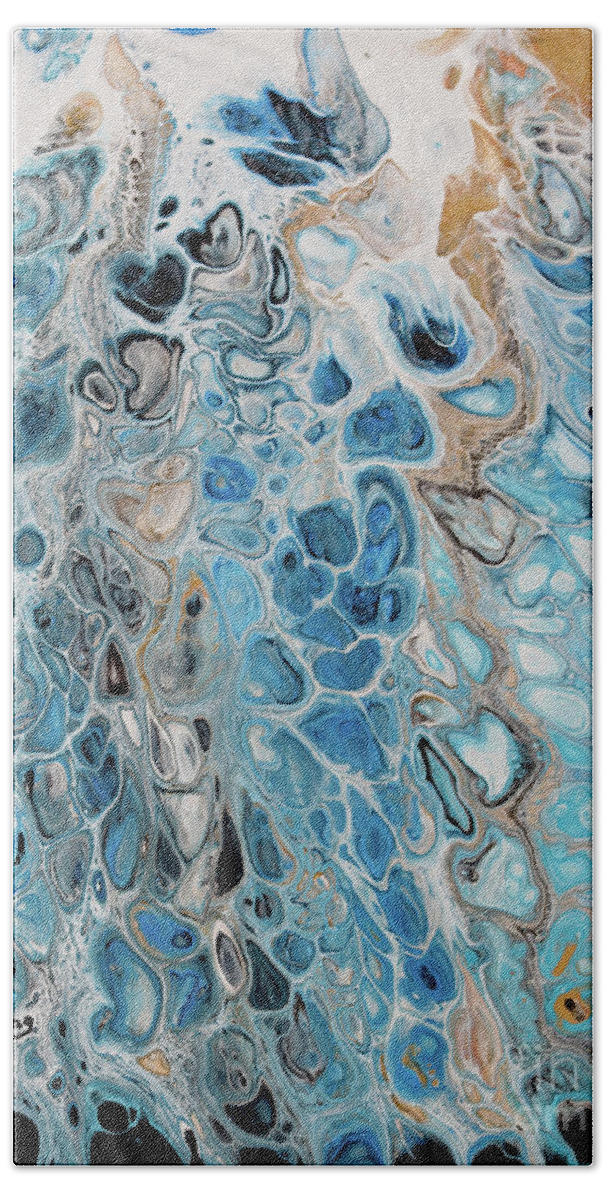 Blue Bath Towel featuring the painting Blue and Gold Patterns by Marilyn Young