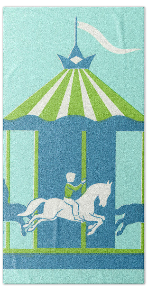 Amusement Park Hand Towel featuring the drawing Blue and Green Merry-go-Round by CSA Images