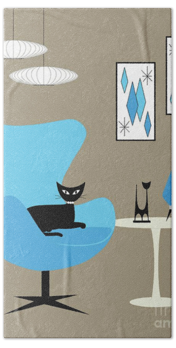 Mid Century Modern Bath Towel featuring the digital art Blue Egg Chair with Cats by Donna Mibus