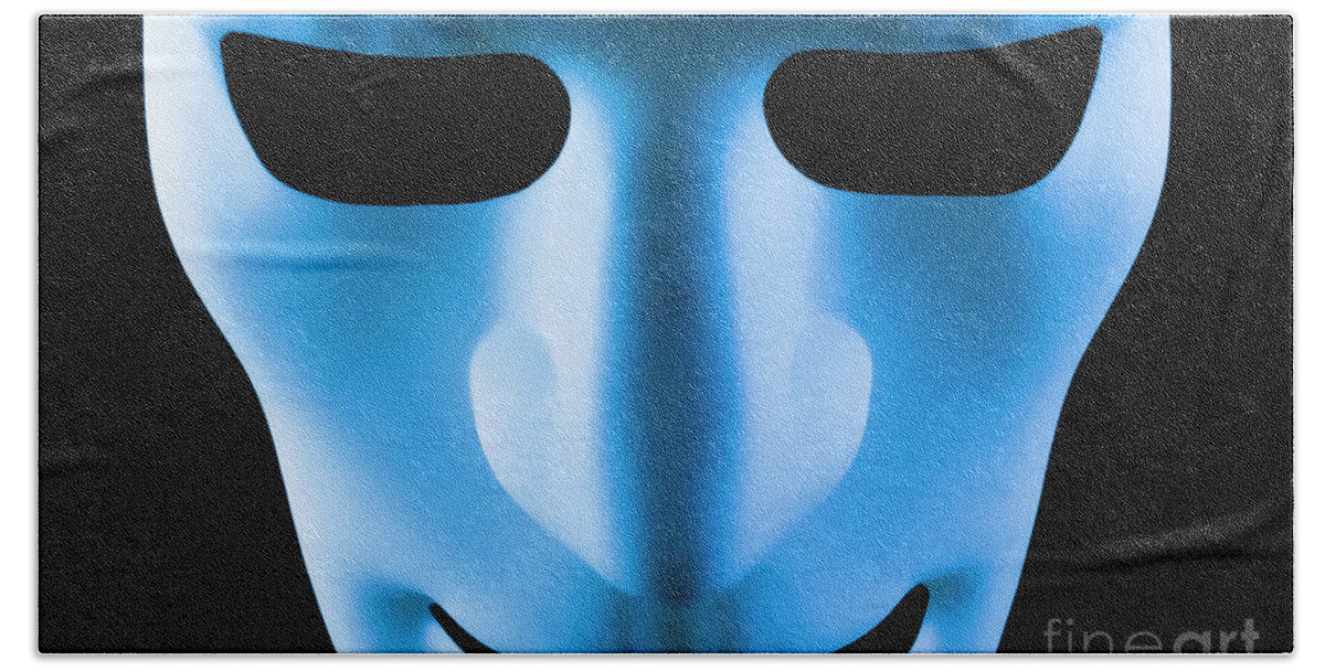 Mask Bath Towel featuring the photograph Blue face artificial intelligence robot by Simon Bratt
