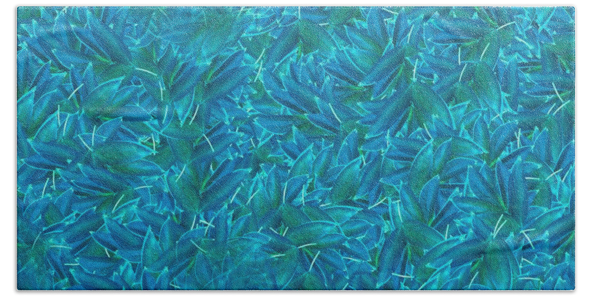 Delynn Bath Towel featuring the mixed media Blue Green Leaves by Delynn Addams