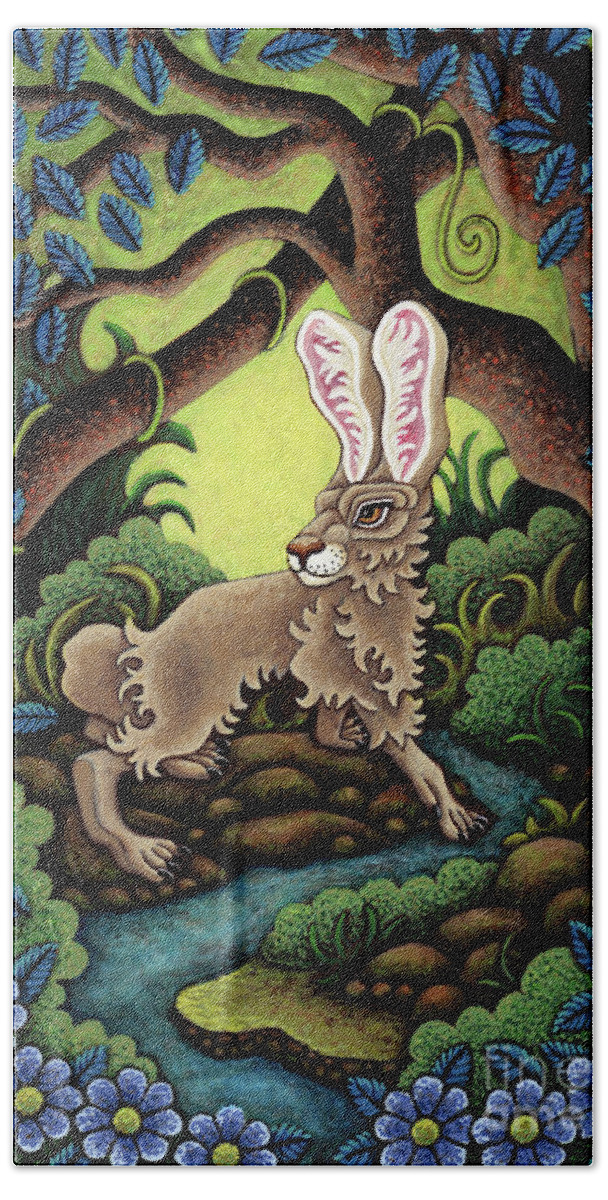Hare Hand Towel featuring the painting Blue Hare Lagoon by Amy E Fraser