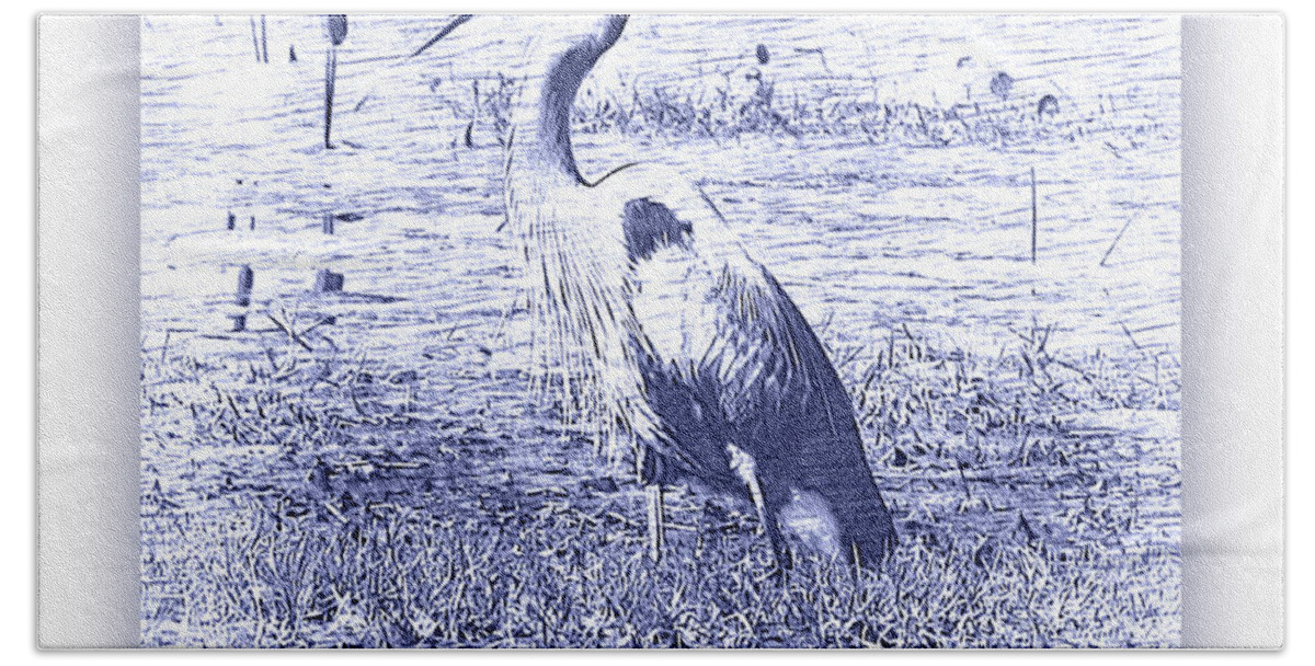 Heron Bath Towel featuring the photograph Blue Heron in Blue Digital Art with White Border by Carol Groenen