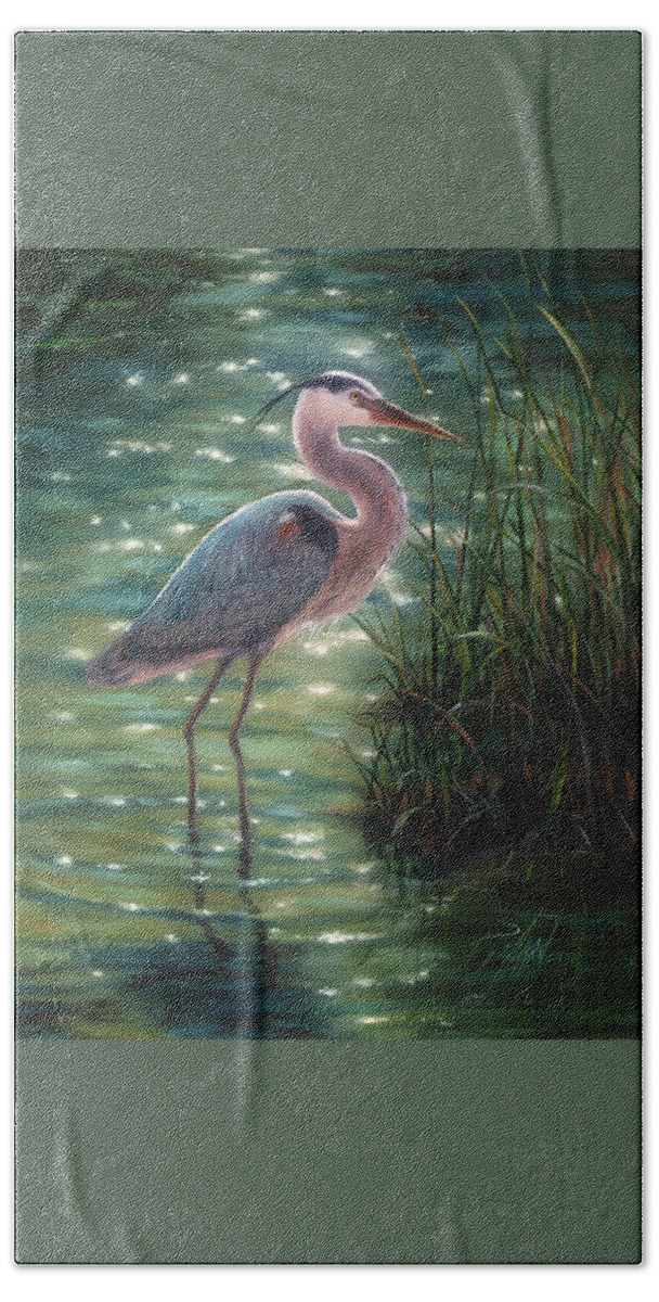 Blue Heron Bath Towel featuring the painting Blue Heron by Lynne Pittard