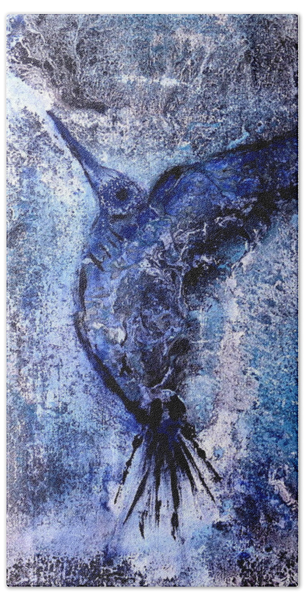 Blue Hummingbird Abstract Bath Towel featuring the painting Blue Hummingbird by 'REA' Gallery