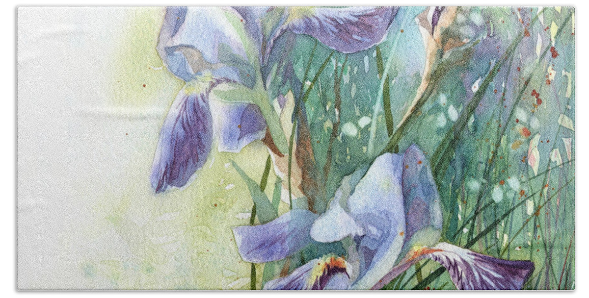 Russian Artists New Wave Hand Towel featuring the painting Blue Irises Fairytale by Ina Petrashkevich