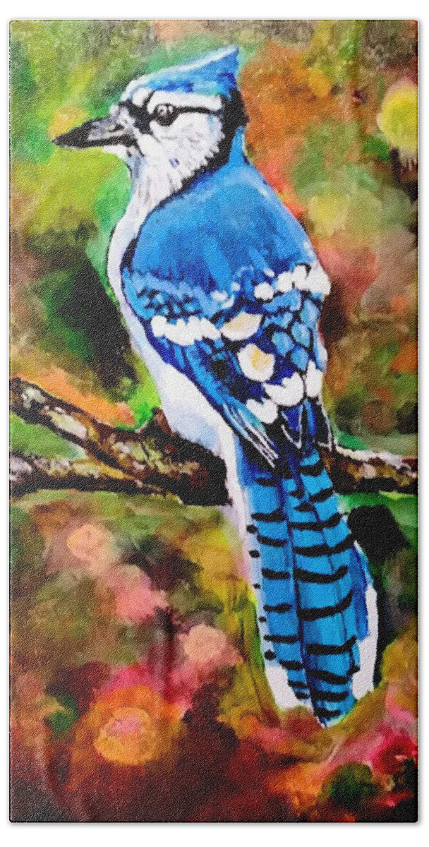 Bird Hand Towel featuring the painting Blue Jay by Mike Benton