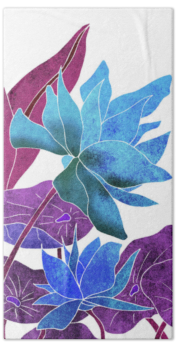 Lotus Hand Towel featuring the mixed media Blue Lotus flower - Botanical, Floral, Tropical Art - Modern, Minimal Decor - Blue, Purple, Indigo by Studio Grafiikka