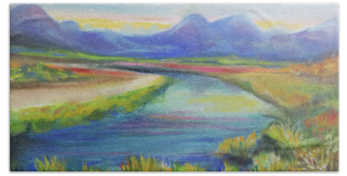 Colorful Landscape Bath Towel featuring the pastel Blue River by Jean Batzell Fitzgerald