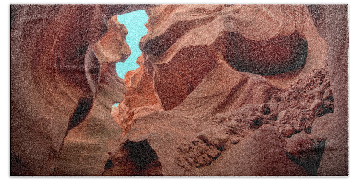 Lower Antelope Canyon Hand Towel featuring the photograph Blue Sky by Laura Hedien